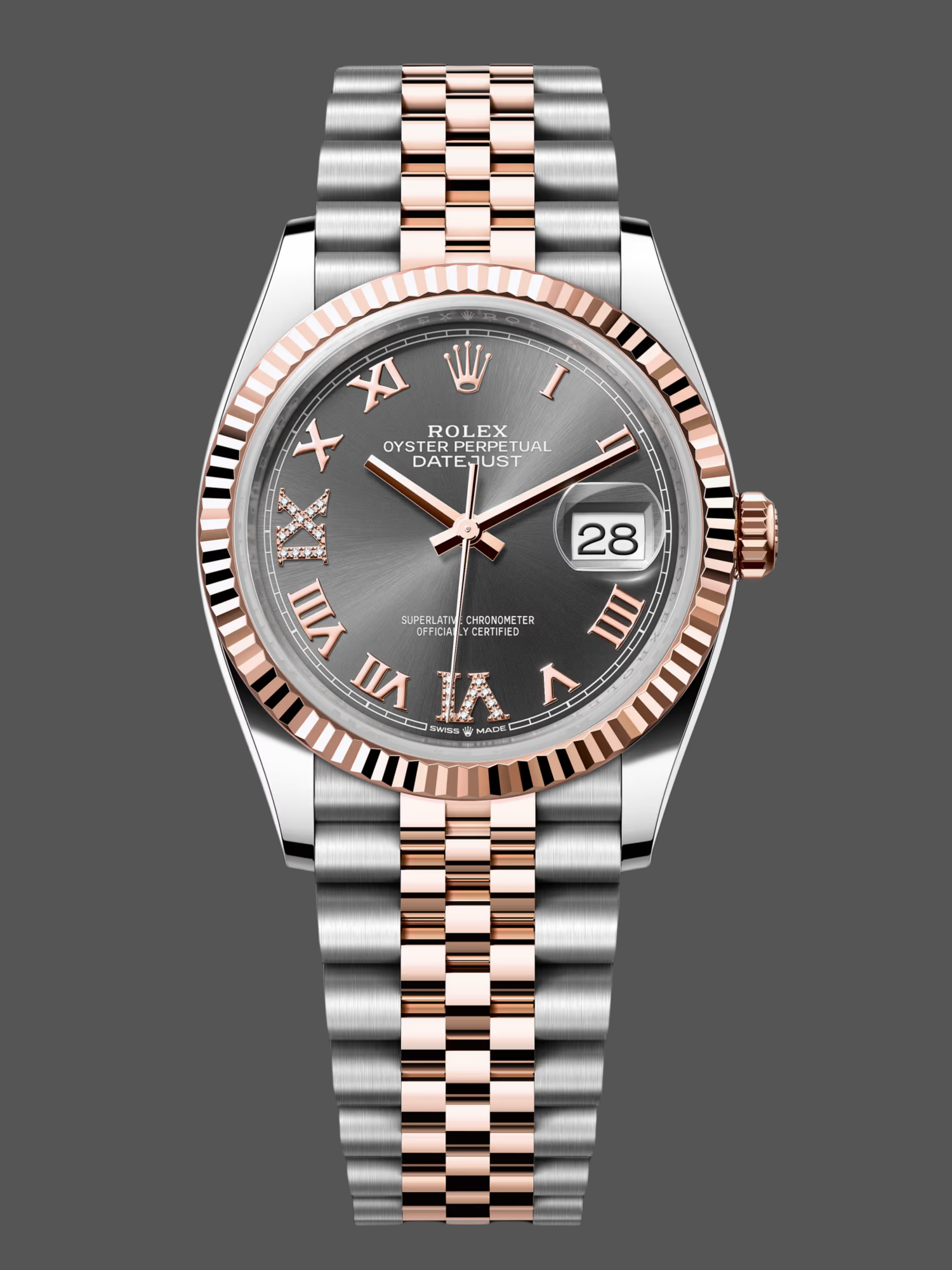 Rolex Datejust 36 Everose Gold Slate Diamond Pave Roman Dial m126231 0023 Women's Watch
